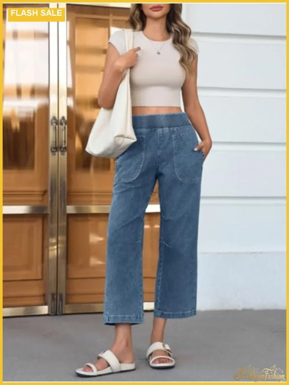 High Waisted Baggy Barrel Leg Jeans Smocked Pull On Denim